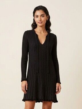 M by Missoni Black Ribbed Long-Sleeve V-Neck Knit Dress Italian Quiet Luxury LBD